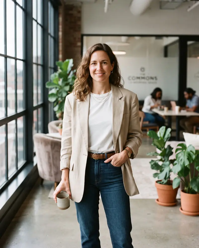 Person trägt den vorgeschlagenen Look: beiger Blazer, weißes Shirt, Jeans